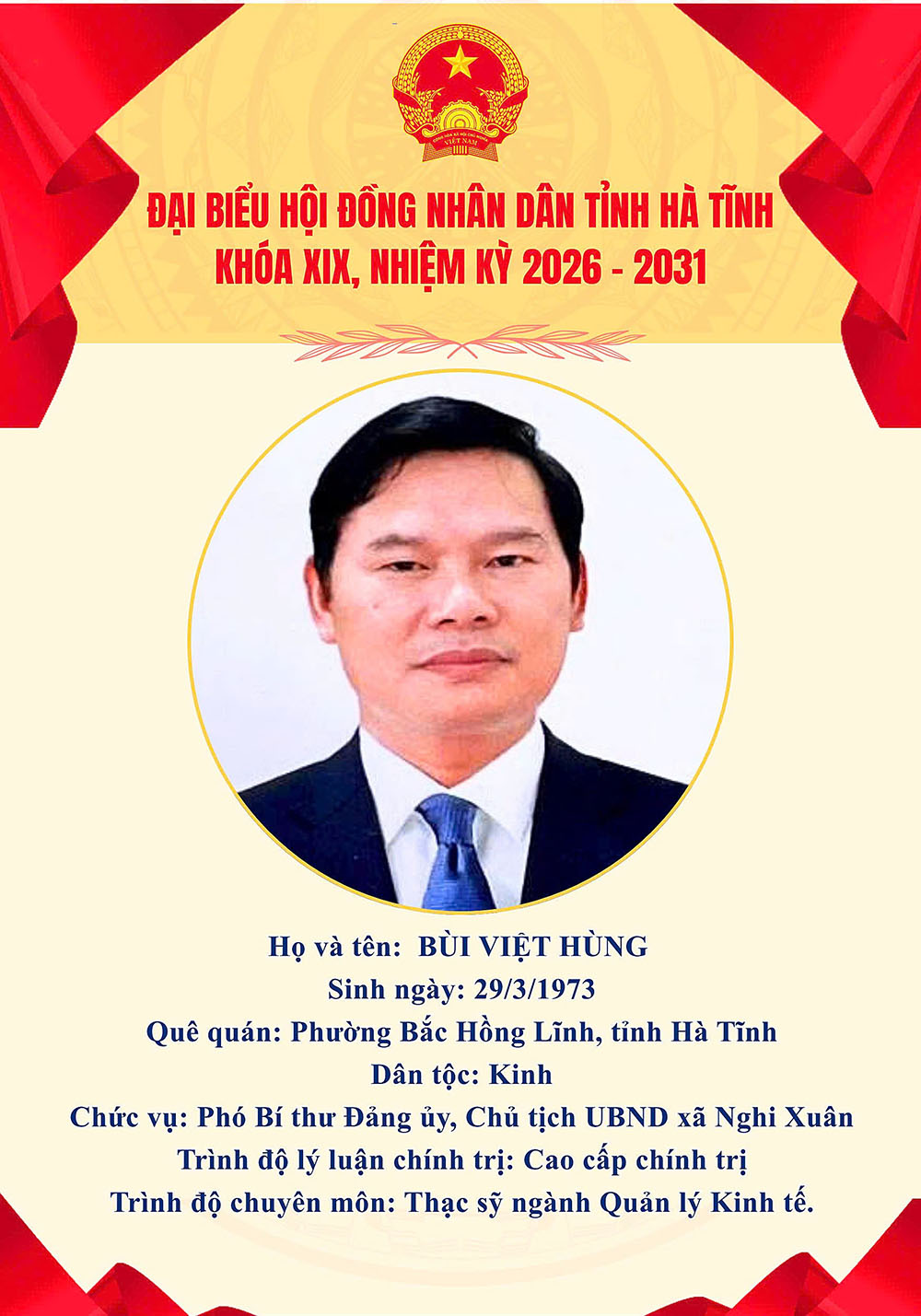 Đồng chí Bùi Việt Hùng - Phó Bí thư Đảng ủy, Chủ tịch UBND xã Nghi Xuân trúng cử đại biểu HĐND tỉnh Hà Tĩnh khóa XIX, nhiệm kỳ 2026 - 2031.
