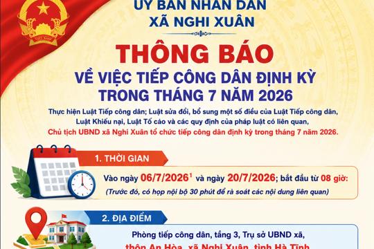 Thông báo lịch tiếp công dân định kỳ của Chủ tịch UBND xã trong tháng 7 năm 2026