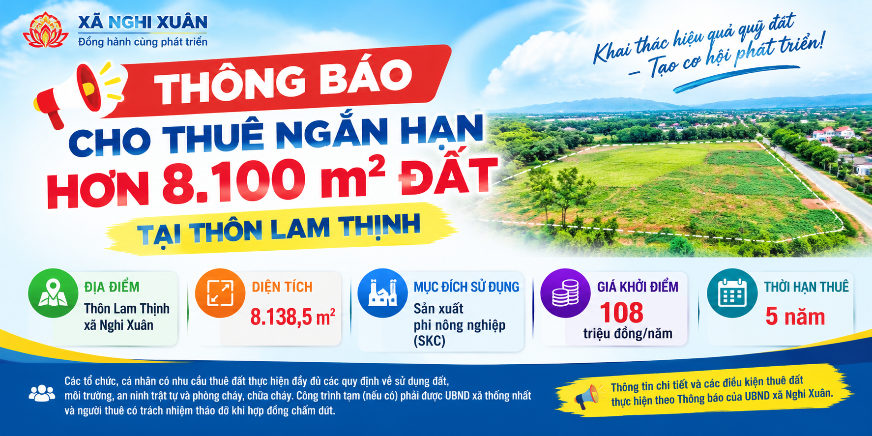 Nghi Xuân thông báo cho thuê ngắn hạn hơn 8.100 m² đất tại thôn Lam Thịnh