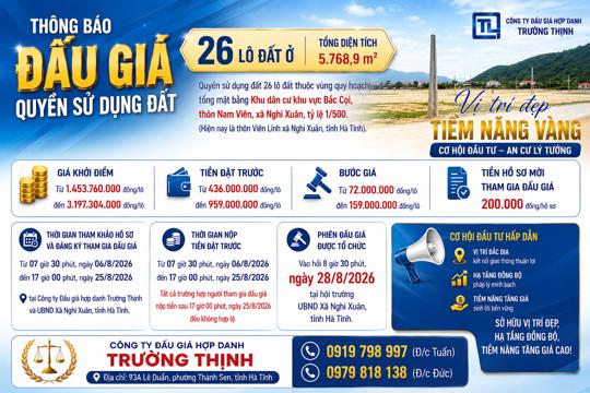 Xã Nghi Xuân thông báo đấu giá 26 lô đất tại khu dân cư Bắc Cọi 