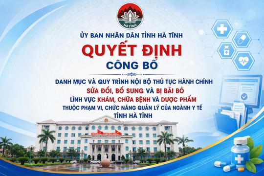 UBND tỉnh Hà Tĩnh công bố danh mục và quy trình nội bộ thủ tục hành chính lĩnh vực khám, chữa bệnh và dược phẩm