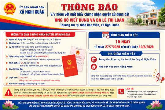 Xã Nghi Xuân niêm yết thông báo mất giấy chứng nhận Quyền sử dung đất