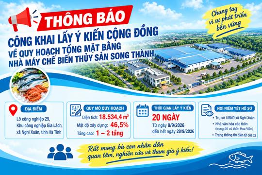 Nghi Xuân công khai lấy ý kiến cộng đồng về Quy hoạch tổng mặt bằng Nhà máy chế biến thủy sản Song Thành