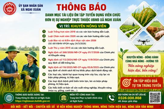UBND xã Nghi Xuân thông báo Danh mục tài liệu ôn tập tuyển dụng viên chức đơn vị sự nghiệp, vị trí Khuyến nông viên