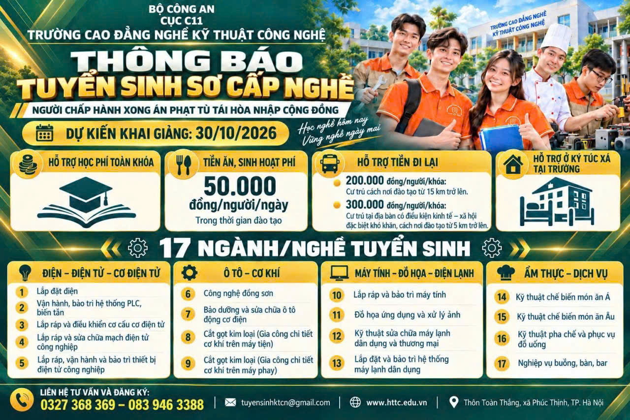 Hà Tĩnh tuyển sinh học nghề miễn phí cho thanh niên hoàn thành nghĩa vụ Công an nhân dân và người chấp hành xong án phạt tù