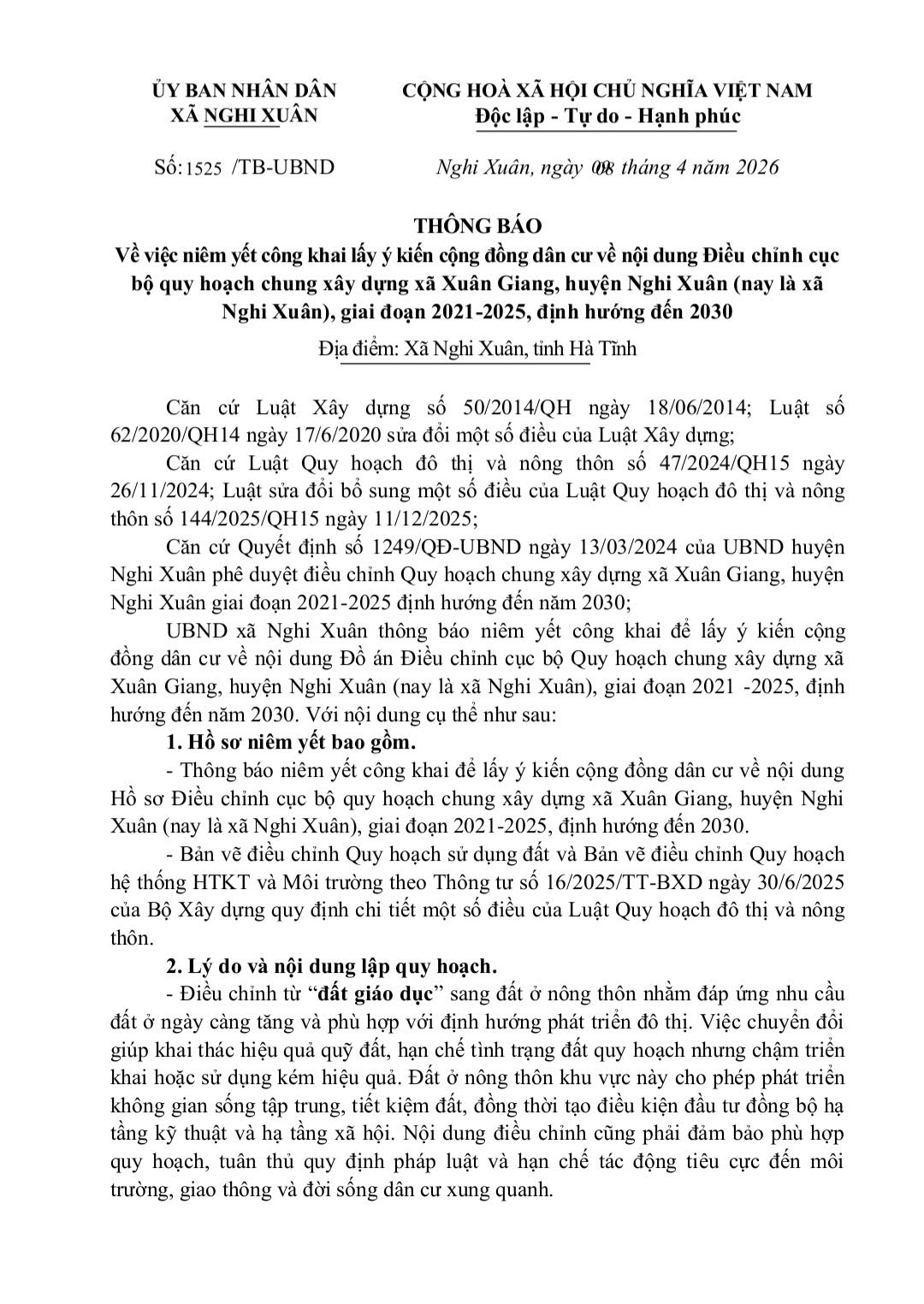 THÔNG BÁO Về việc niêm yết công khai lấy ý kiến cộng đồng dân cư về nội dung Điều chỉnh cục bộ quy hoạch chung xây dựng xã Xuân Giang, huyện Nghi Xuân (nay là xã Nghi Xuân), giai đoạn 2021-2025, định hướng đến 2030 Địa điểm: Xã Nghi Xuân, tỉnh Hà Tĩnh 